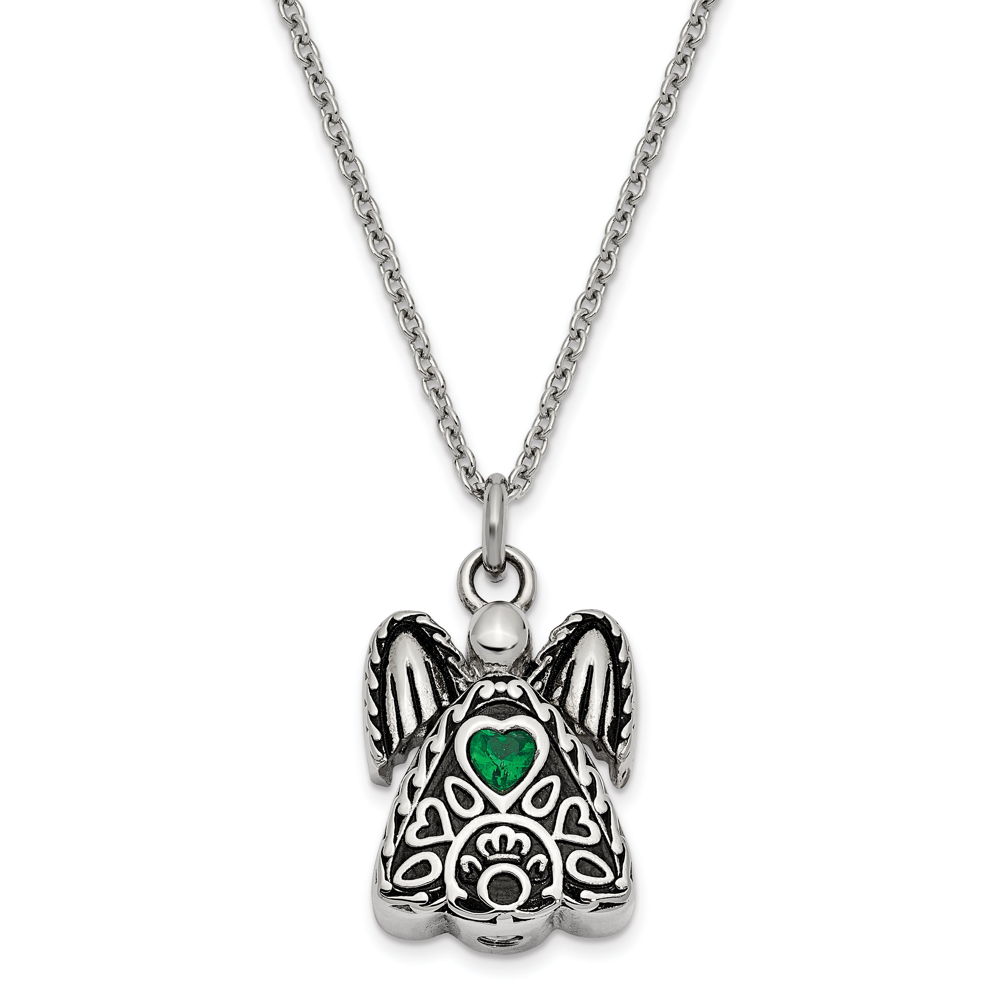 Sentimental Expressions Stainless Steel Green CZ May Birthstone Antiqued Angel Ash Holder 18 Inch Necklace Main image