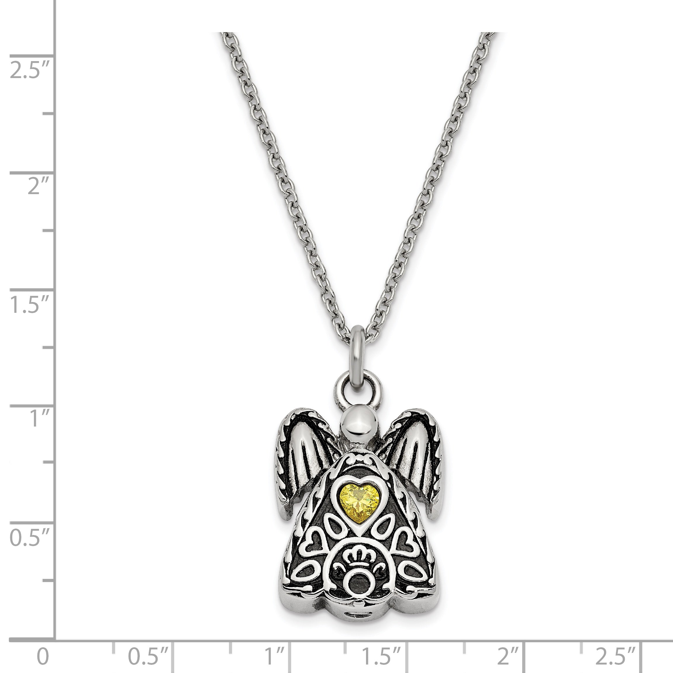 Sentimental Expressions Stainless Steel Yellow CZ November Birthstone Antiqued Angel Ash Holder 18 Inch Necklace