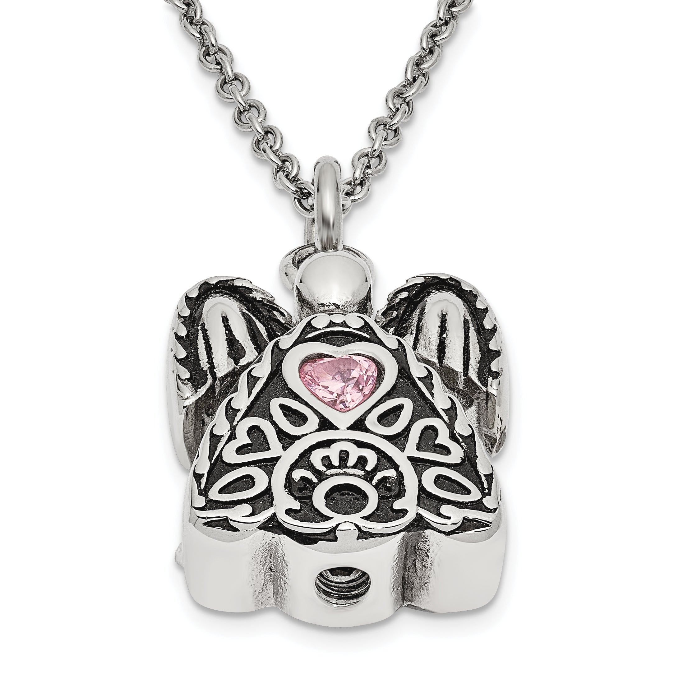 Sentimental Expressions Stainless Steel Pink CZ October Birthstone Antiqued Angel Ash Holder 18 Inch Necklace Secondary image