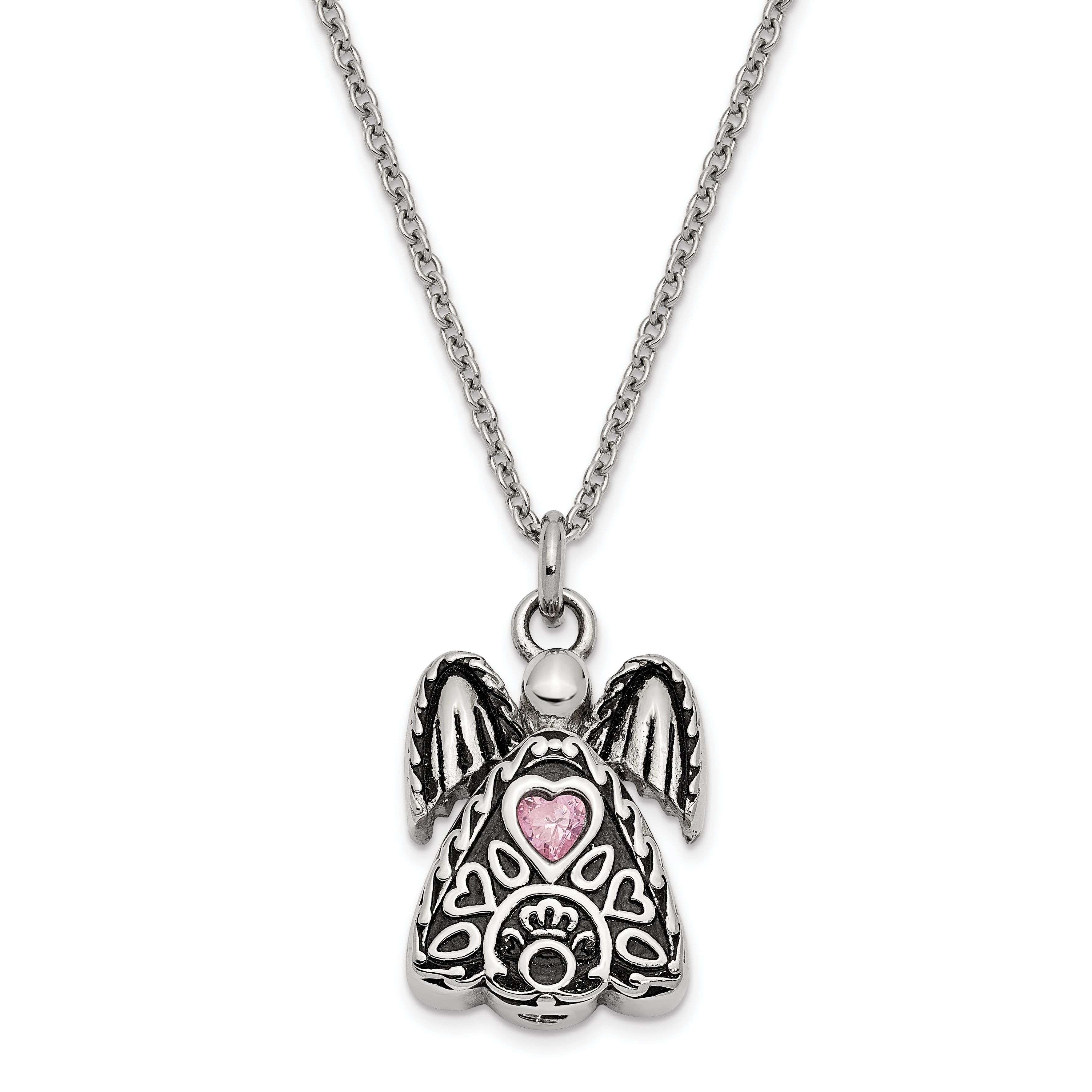 Sentimental Expressions Stainless Steel Pink CZ October Birthstone Antiqued Angel Ash Holder 18 Inch Necklace Main image