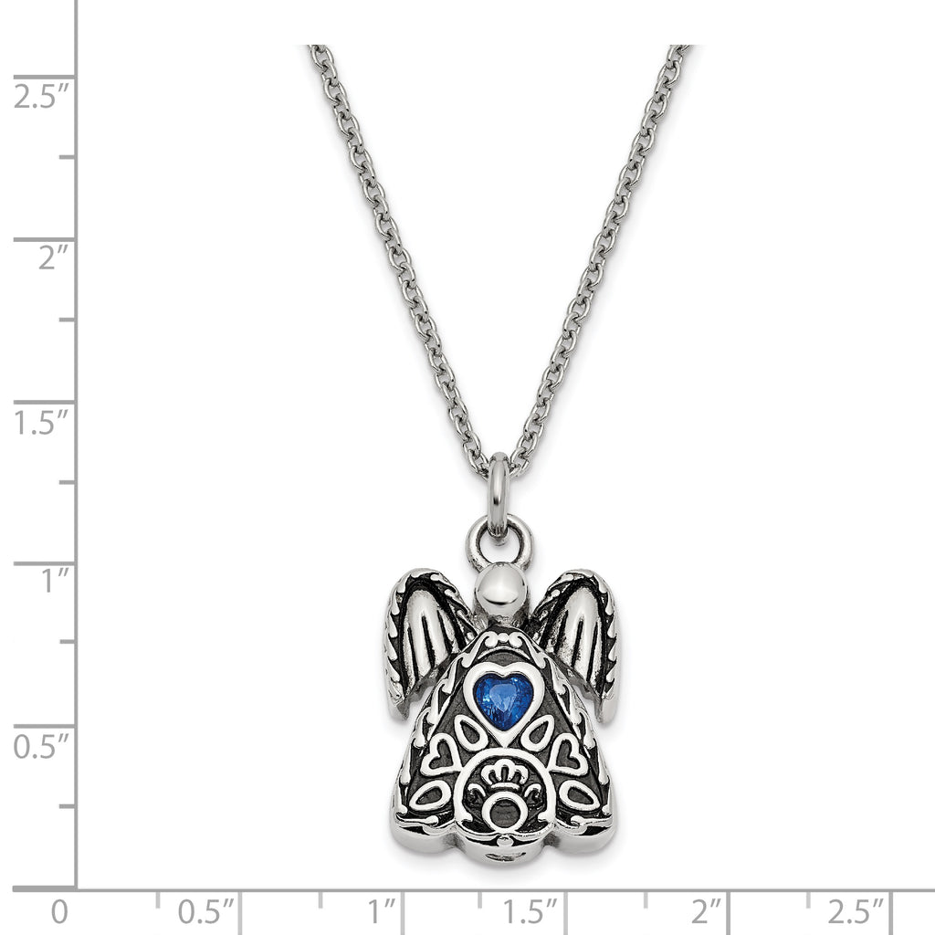 Sentimental Expressions Stainless Steel Dark Blue CZ September Birthstone Antiqued Angel Ash Holder 18 Inch Necklace