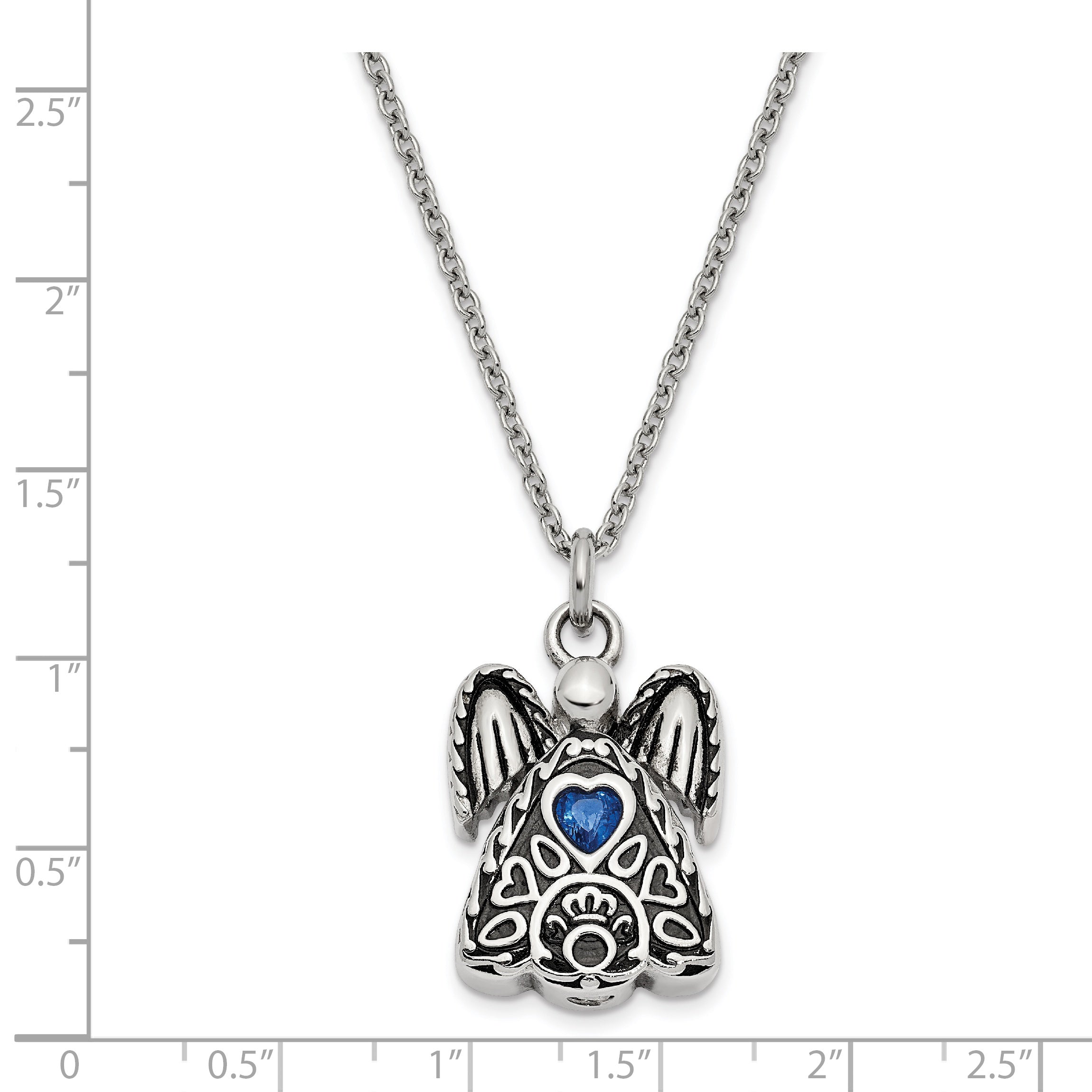 Sentimental Expressions Stainless Steel Dark Blue CZ September Birthstone Antiqued Angel Ash Holder 18 Inch Necklace