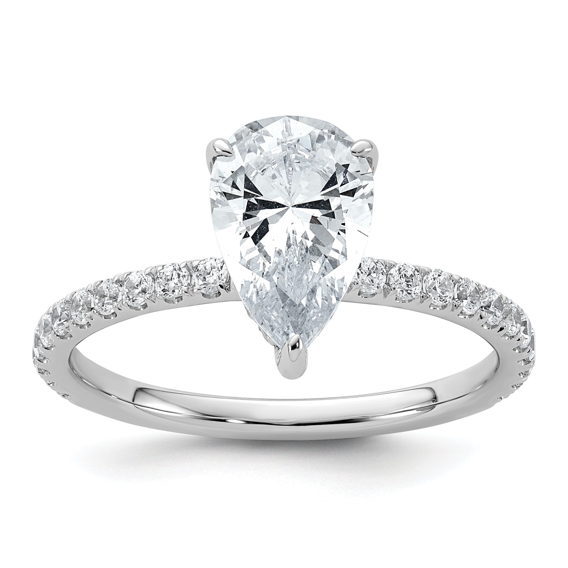 14k White Gold 2 carat Certified Lab Grown Diamond VS+ F+ Pear Complete Solitaire with Flair Engagement Ring
