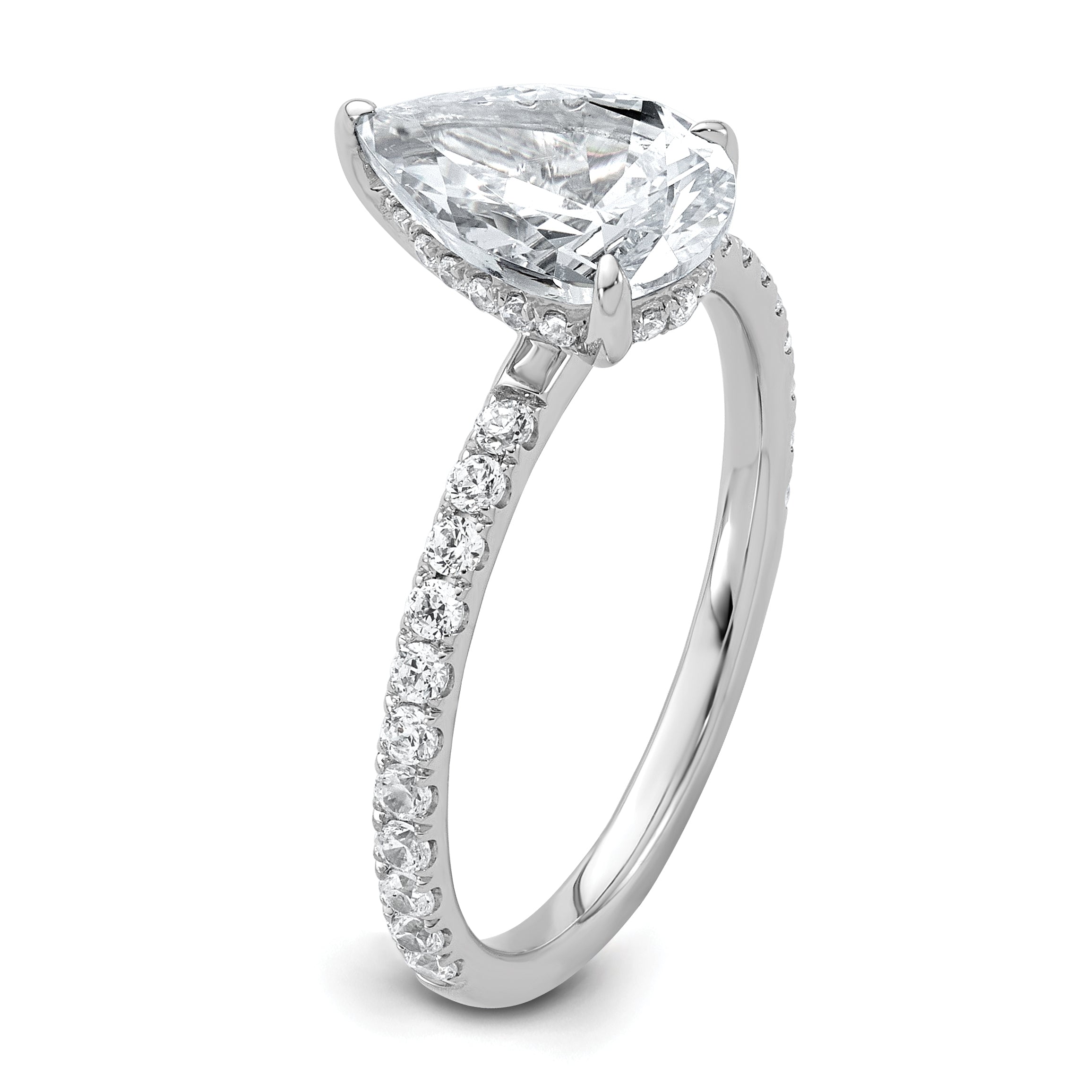 14k White Gold 2 carat Certified Lab Grown Diamond VS+ F+ Pear Complete Solitaire with Flair Engagement Ring