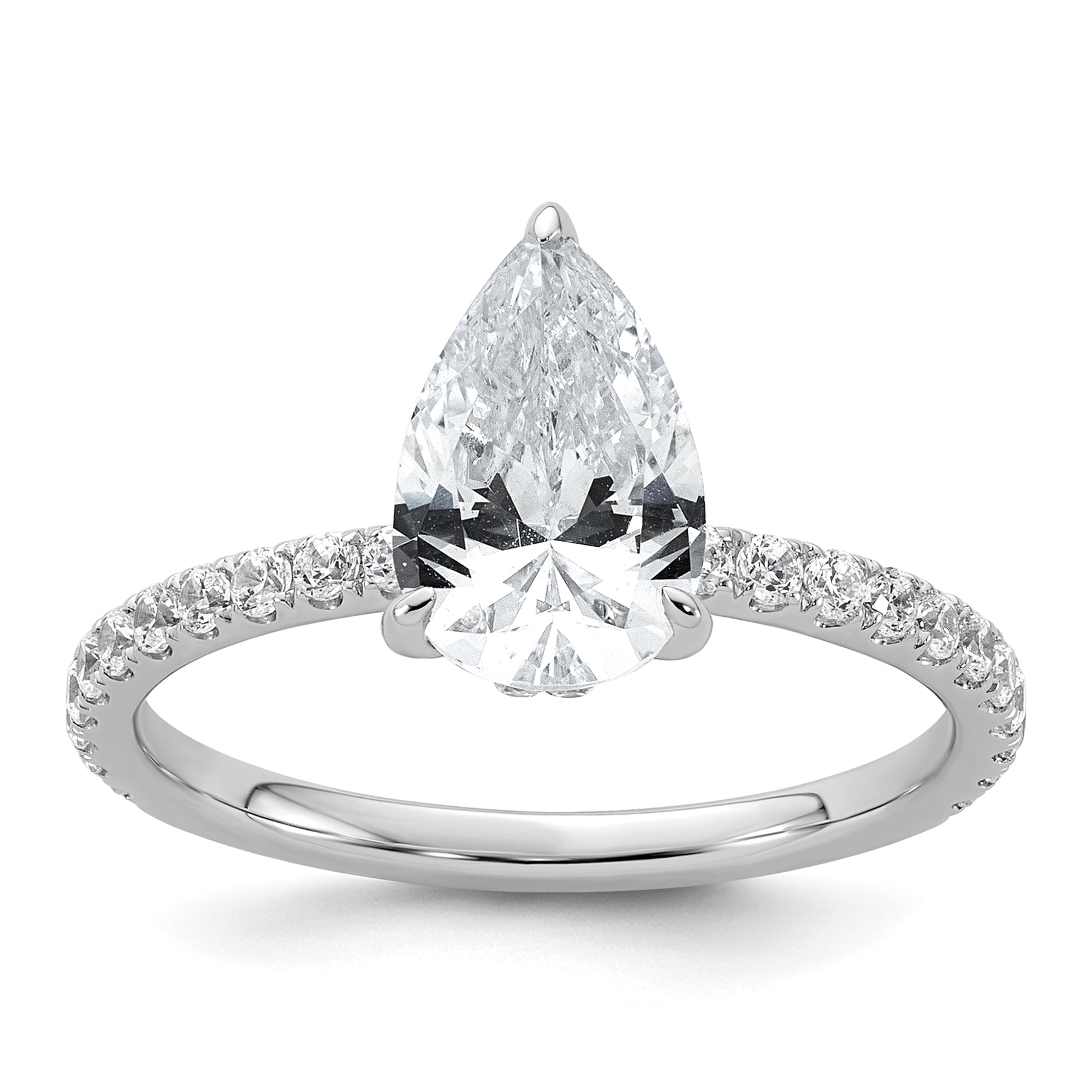 14k White Gold 2 carat Certified Lab Grown Diamond VS+ F+ Pear Complete Solitaire with Flair Engagement Ring