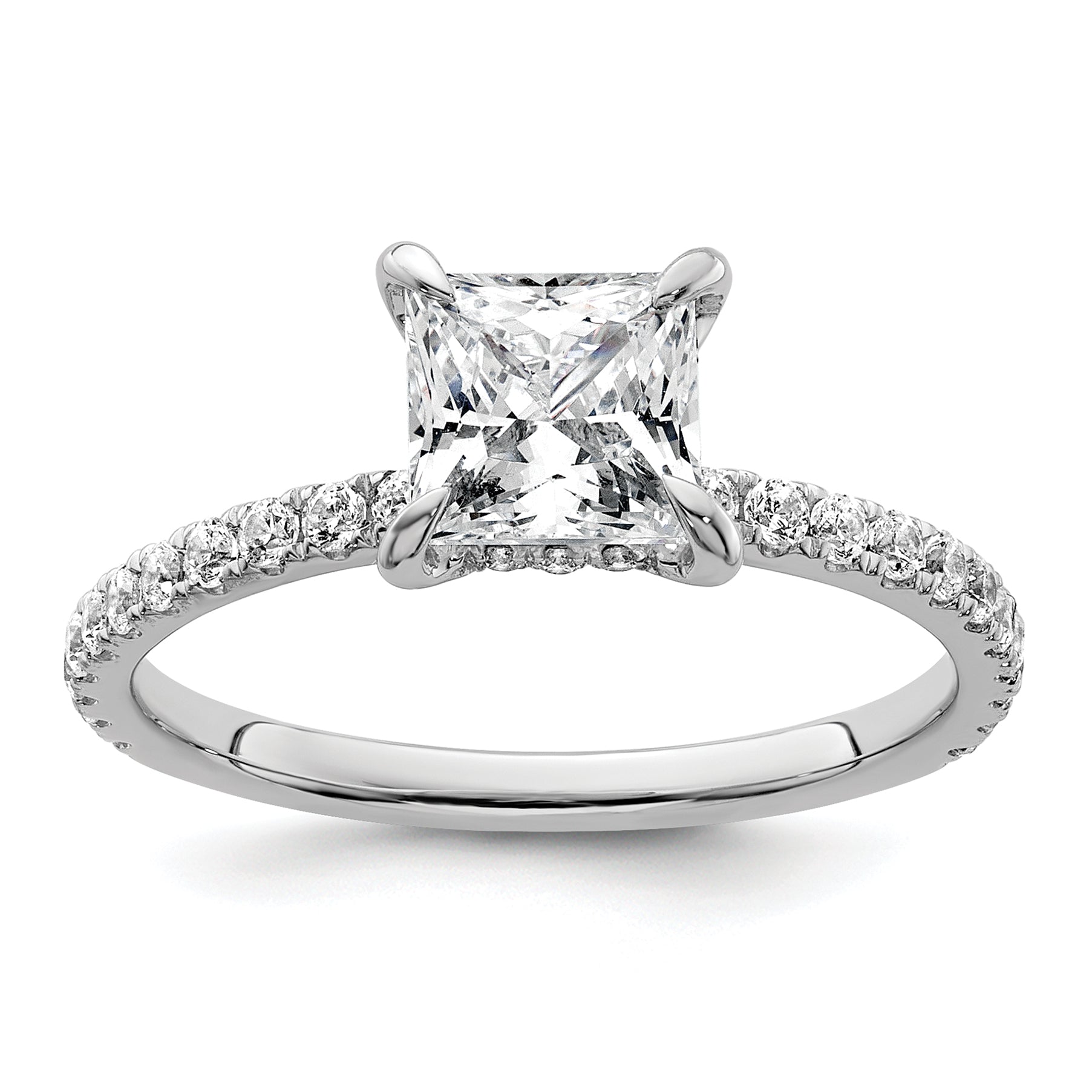 14k White Gold 2 carat Certified Lab Grown Diamond VS+ F+ Princess Complete Solitaire with Flair Engagement Ring Main image