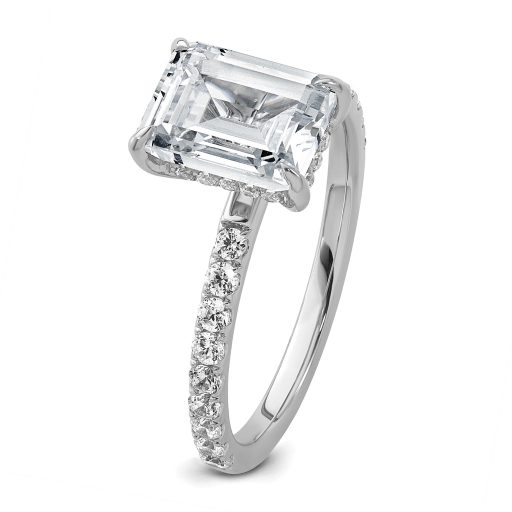 14k White Gold 2 3/8 carat Certified Lab Grown Diamond VS+ F+ Emerald Complete Solitaire with Flair Engagement Ring