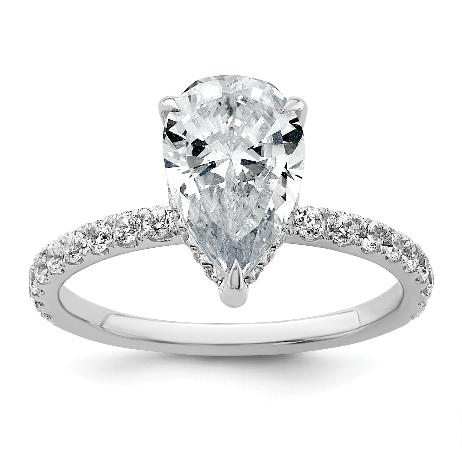 14k White Gold 2 5/8 carat Certified Lab Grown Diamond VS+ F+ Pear Complete Solitaire with Flair Engagement Ring