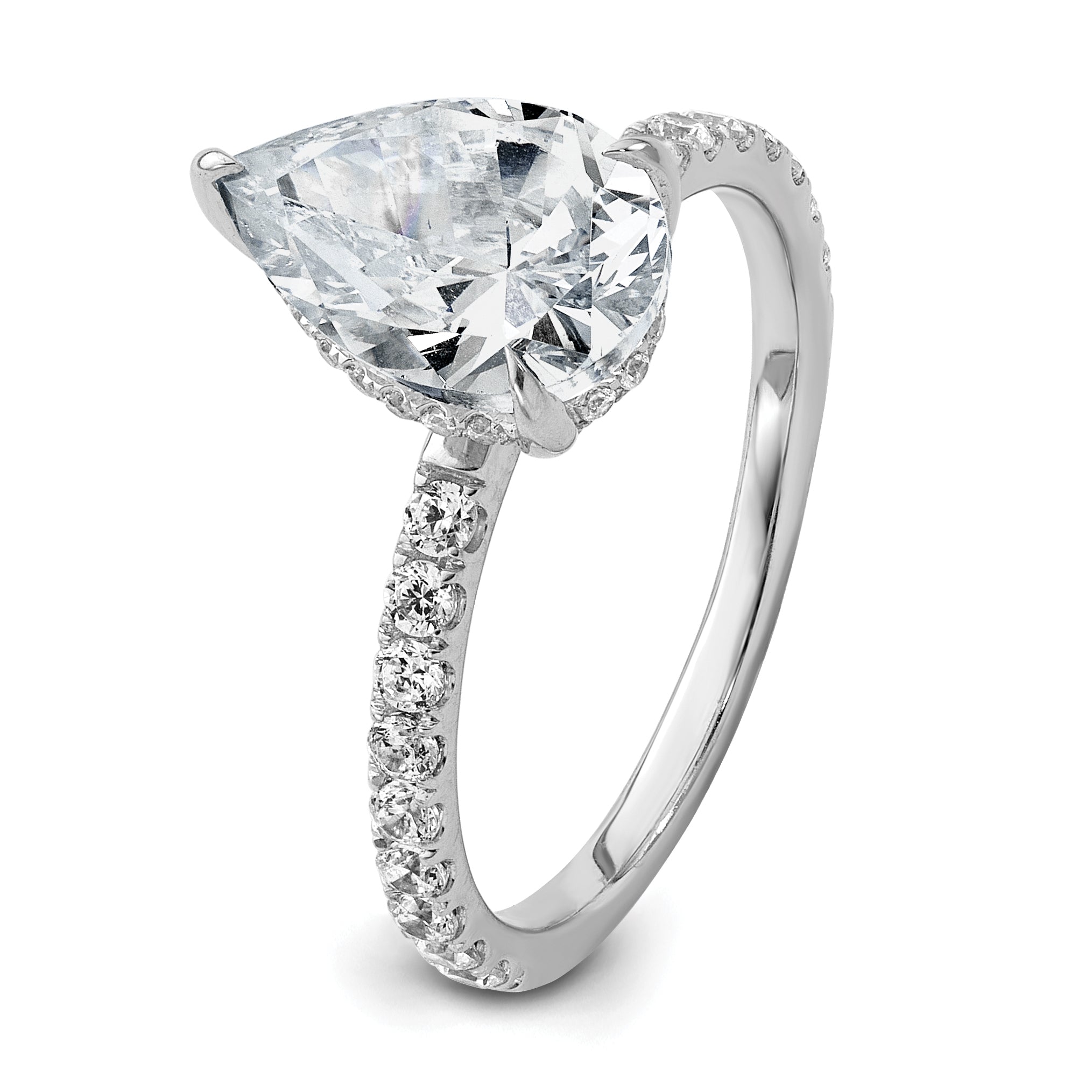 14k White Gold 2 5/8 carat Certified Lab Grown Diamond VS+ F+ Pear Complete Solitaire with Flair Engagement Ring