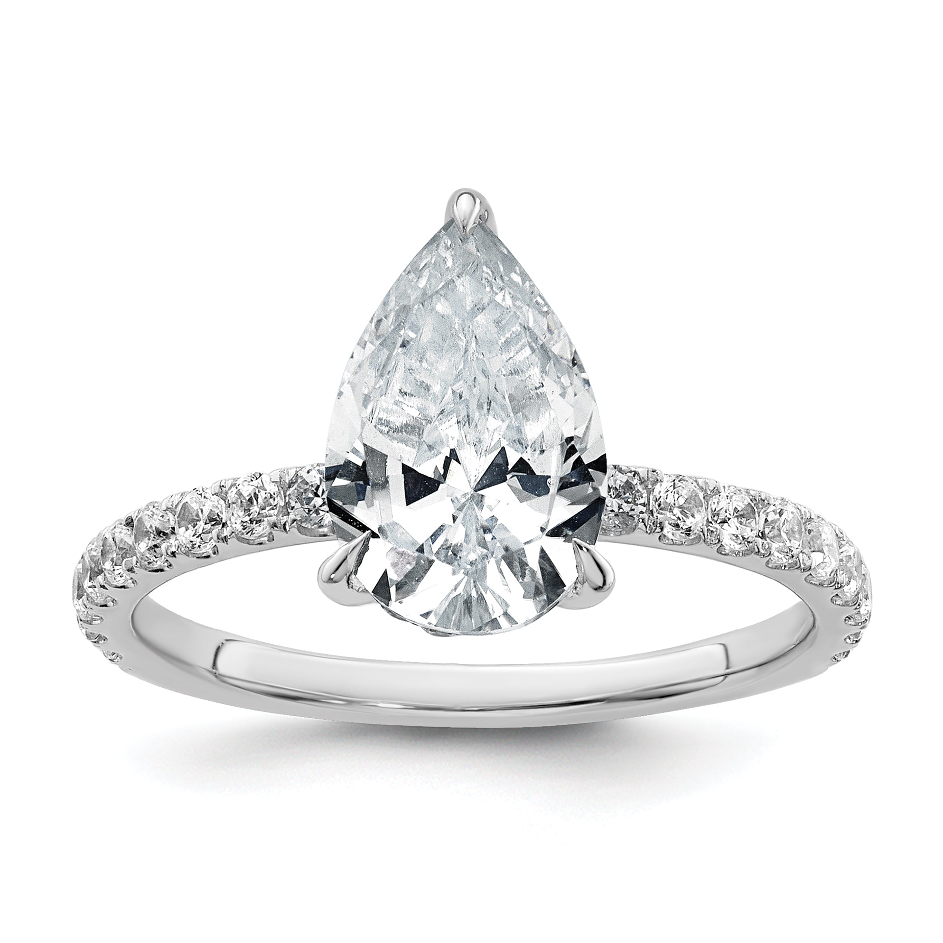 14k White Gold 2 5/8 carat Certified Lab Grown Diamond VS+ F+ Pear Complete Solitaire with Flair Engagement Ring