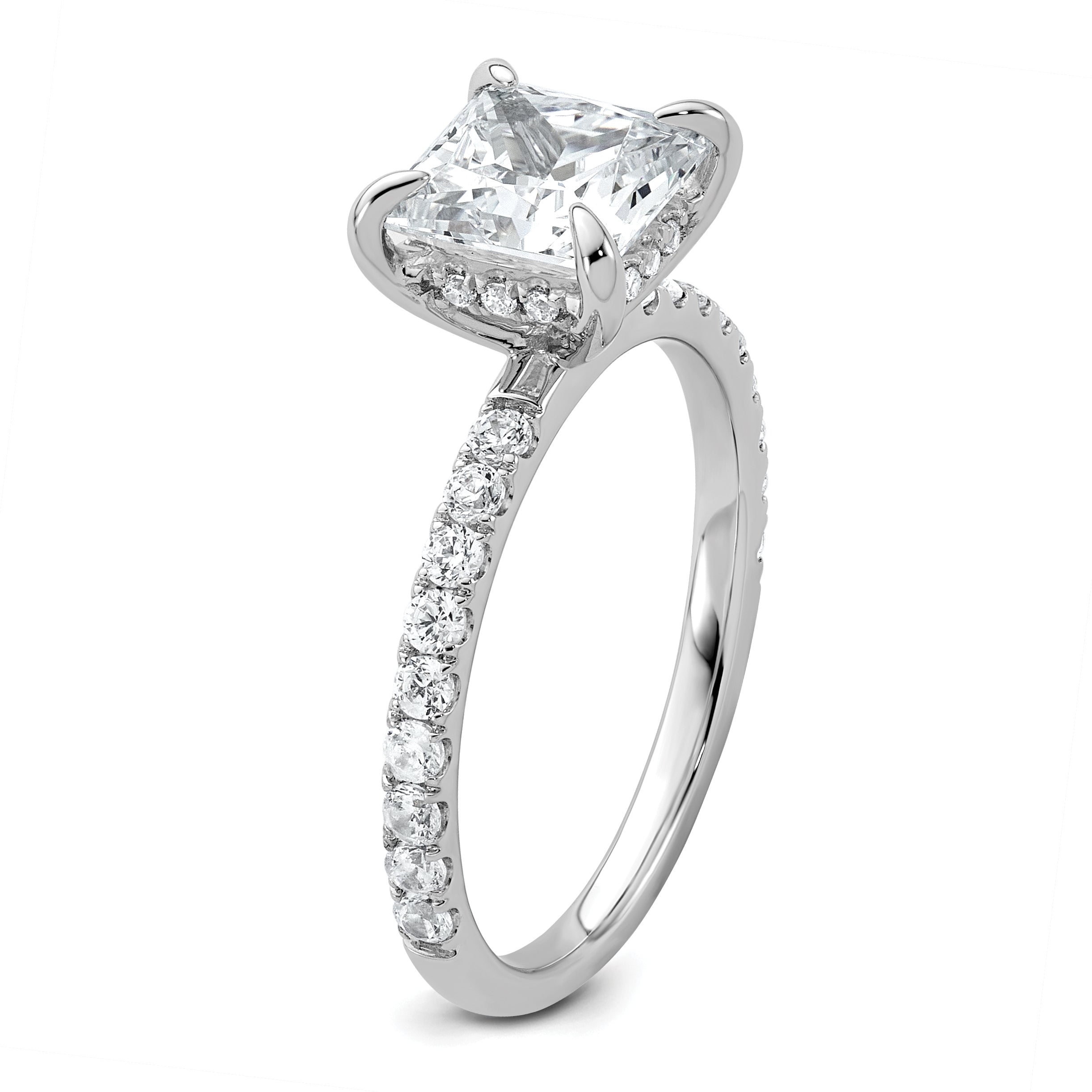 14k White Gold 2 1/2 carat Certified Lab Grown Diamond VS+ F+ Princess Complete Solitaire with Flair Engagement Ring