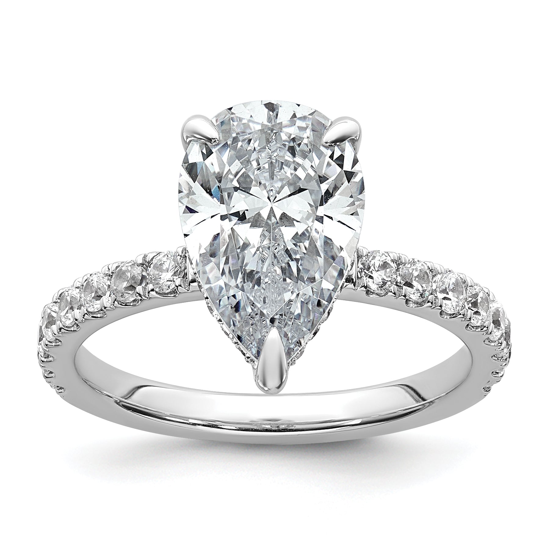 14k White Gold 3 1/2 carat Certified Lab Grown Diamond VS+ F+ Pear Complete Solitaire with Flair Engagement Ring