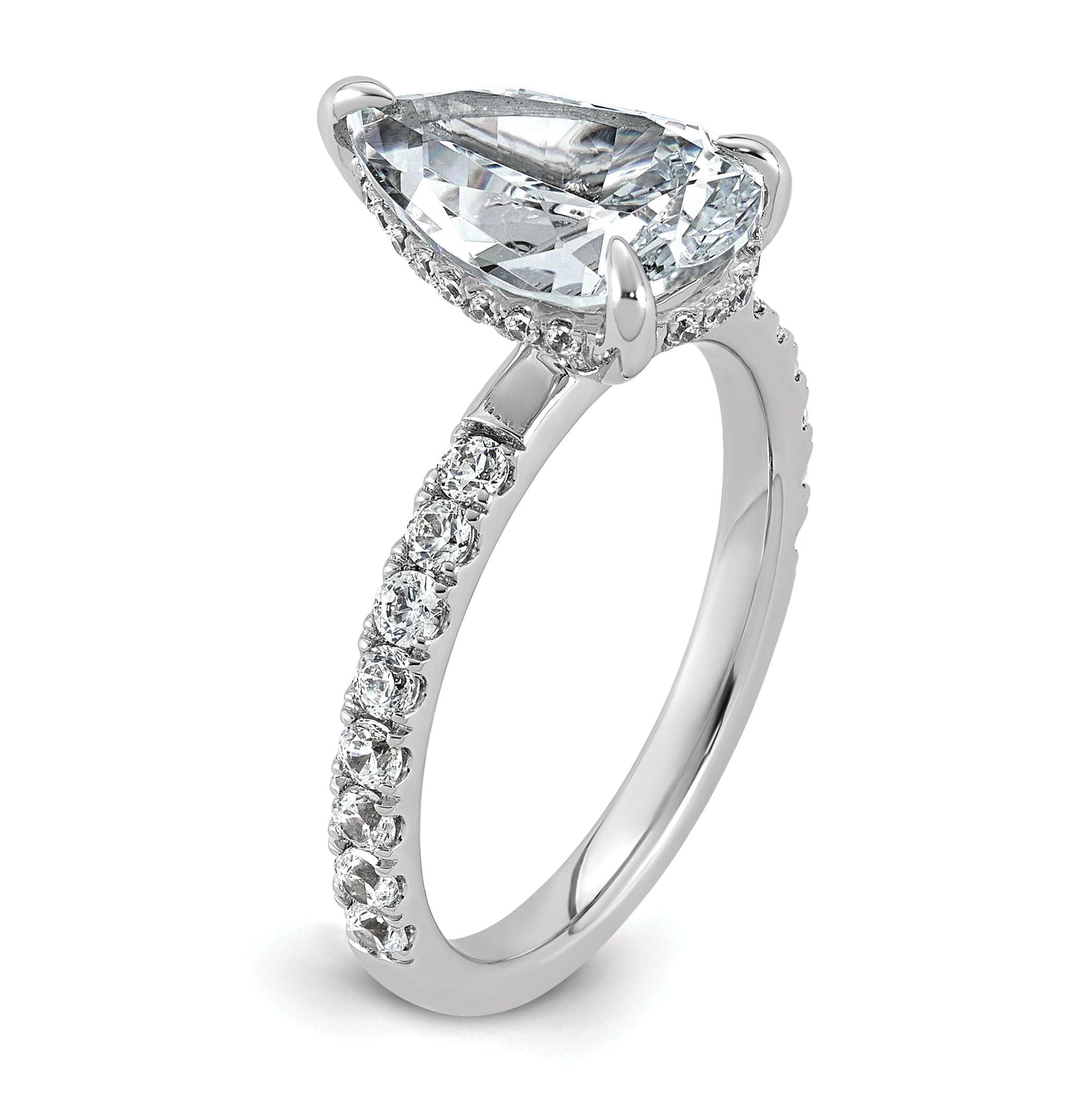 14k White Gold 3 1/2 carat Certified Lab Grown Diamond VS+ F+ Pear Complete Solitaire with Flair Engagement Ring