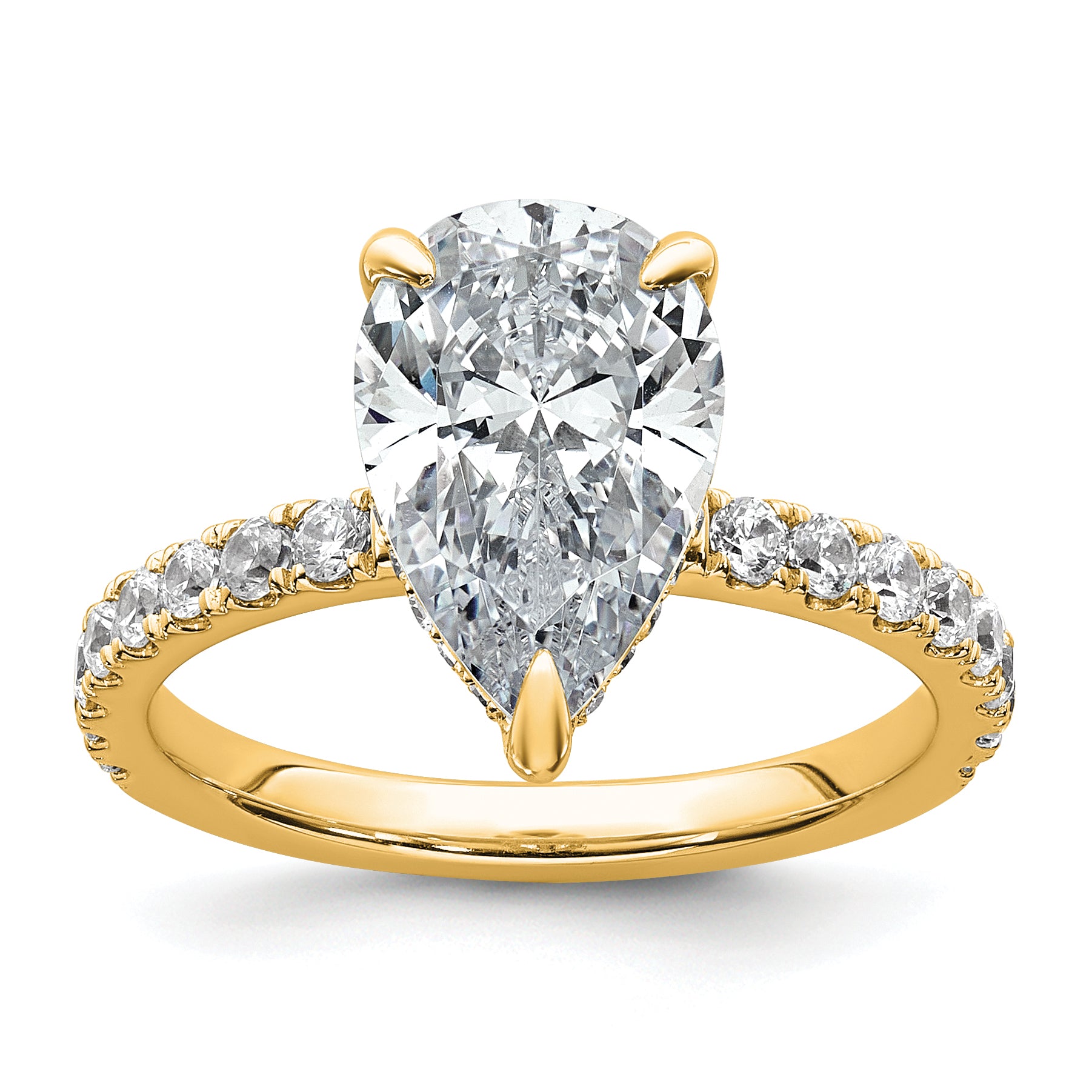 14k 3 1/2 carat Certified Lab Grown Diamond VS+ F+ Pear Complete Solitaire with Flair Engagement Ring