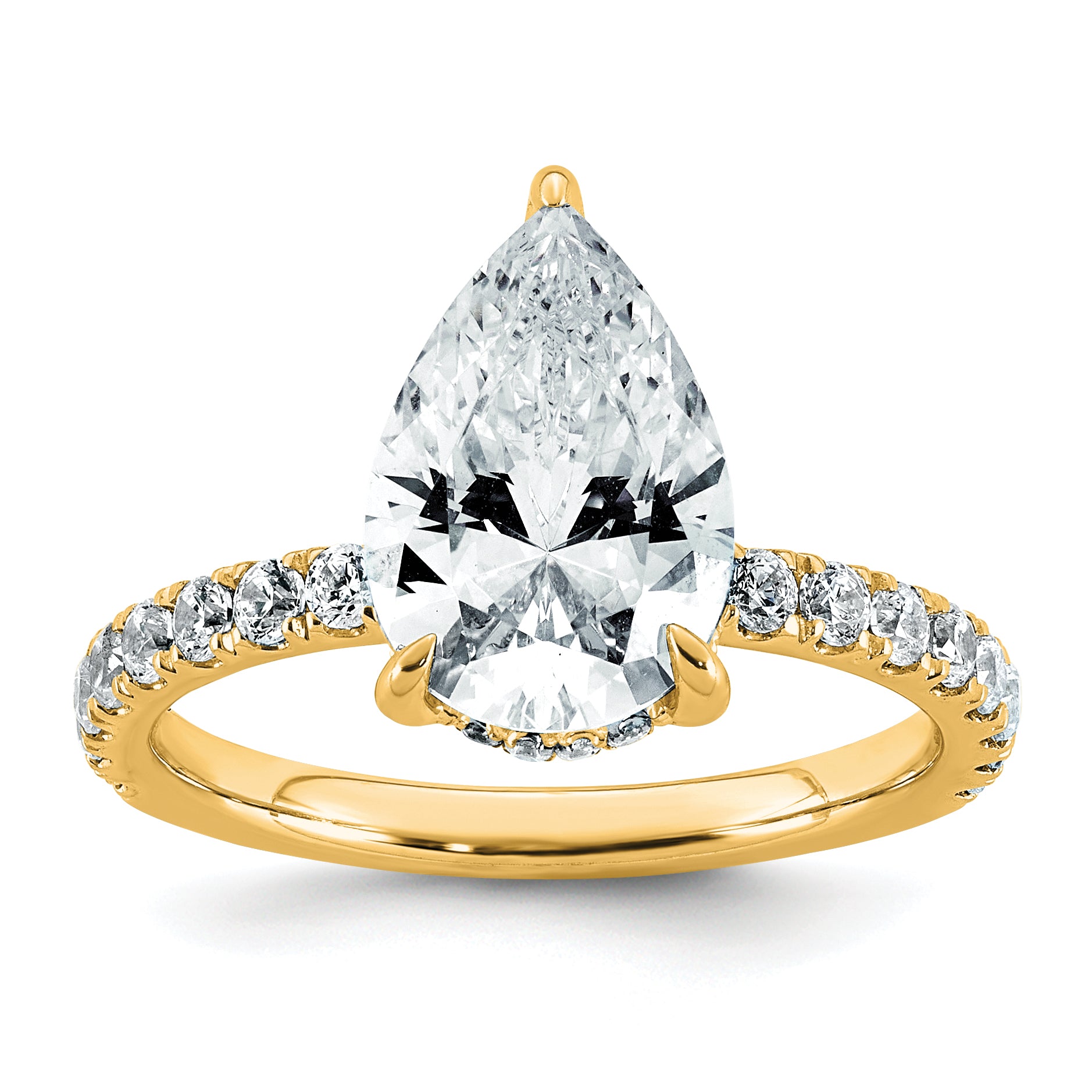 14k 3 1/2 carat Certified Lab Grown Diamond VS+ F+ Pear Complete Solitaire with Flair Engagement Ring Main image