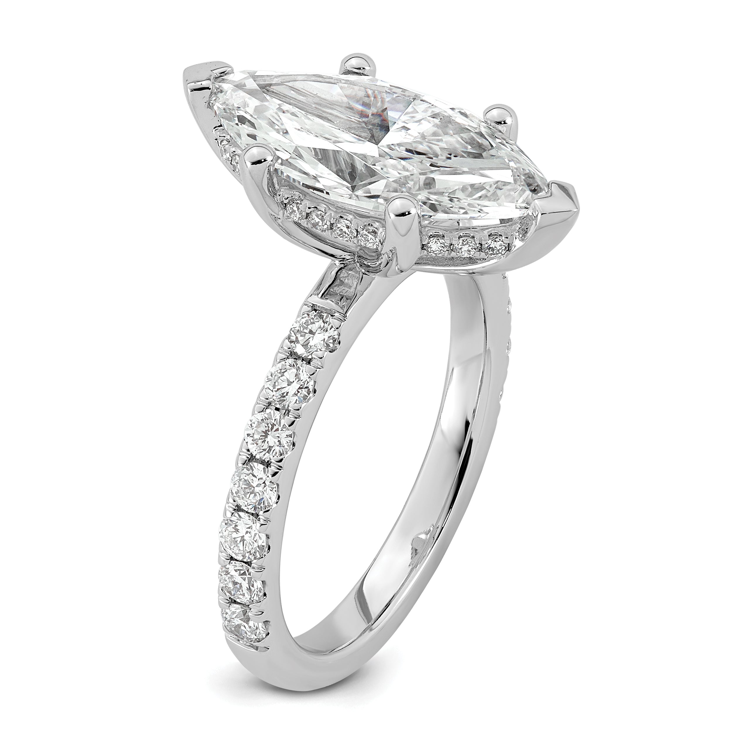 14k White Gold 4 5/8 carat Certified Lab Grown Diamond VS+ F+ Marquise Complete Solitaire with Flair Engagement Ring
