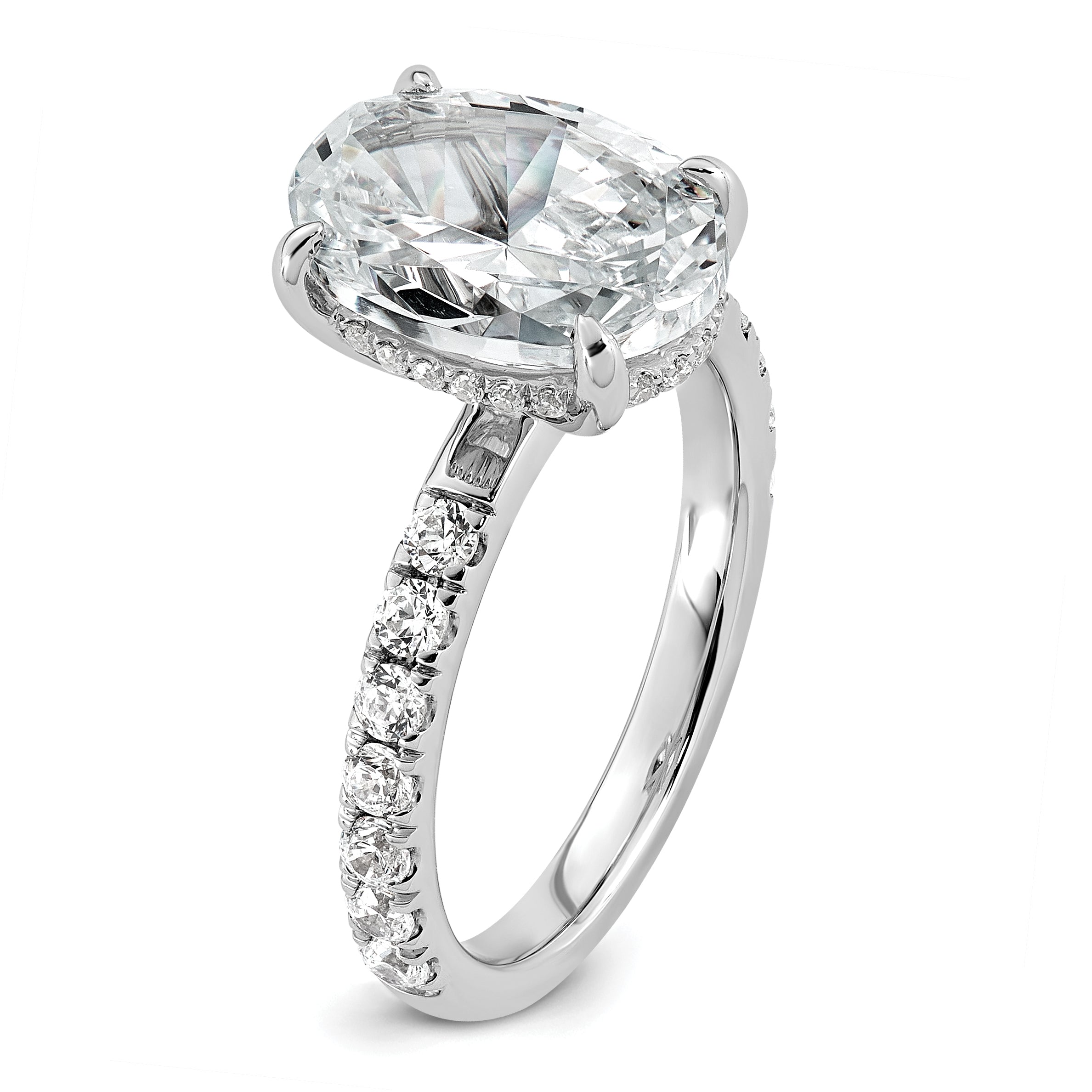 14k White Gold 4 5/8 carat Certified Lab Grown Diamond VS+ F+ Oval Complete Solitaire with Flair Engagement Ring