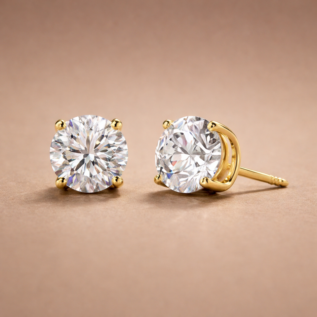 Fine jewelry earrings displayed as a pair with brilliant gemstones and polished metal finishes