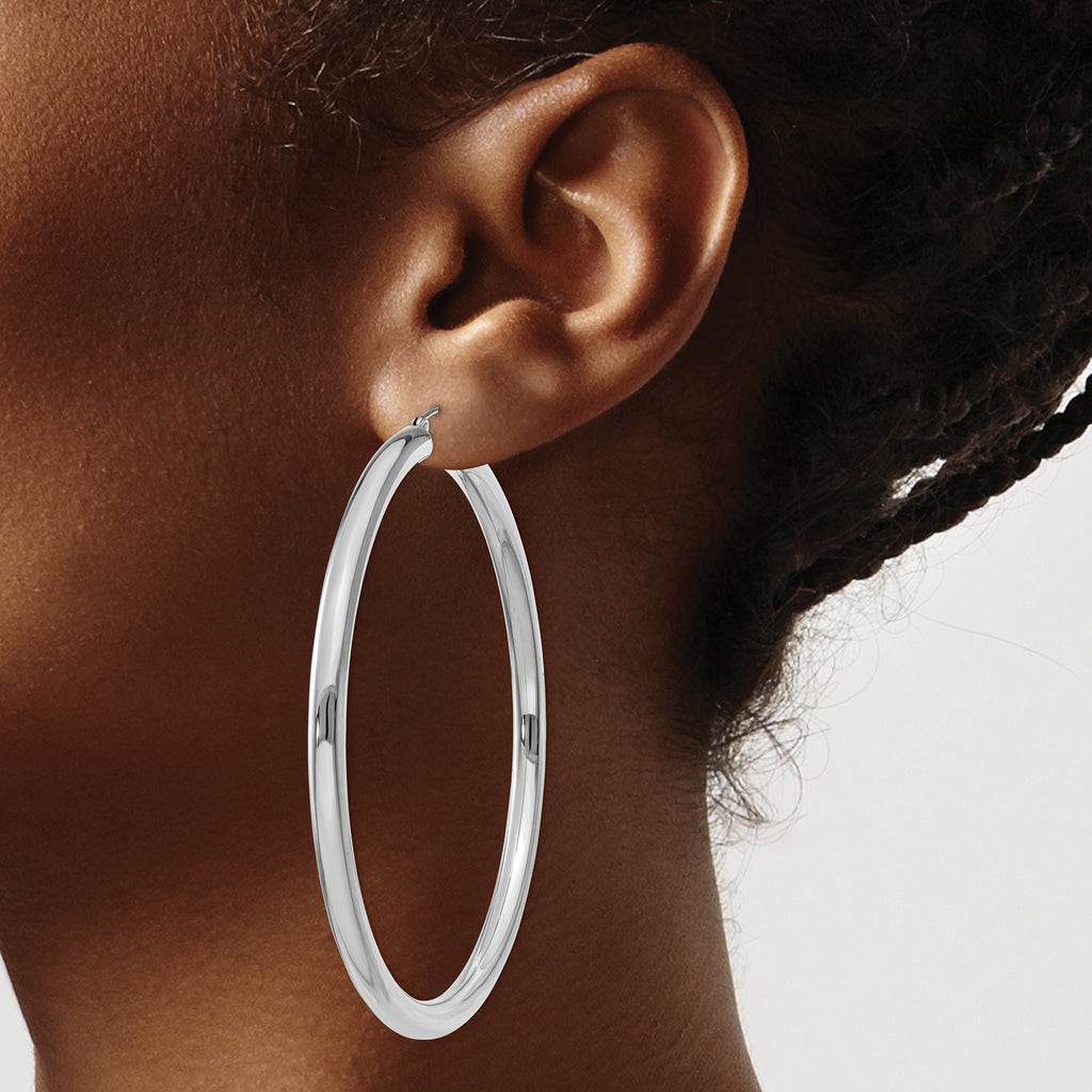 10 Karat White Gold 4mm x 65mm Tube Hoop Earrings - View 3
