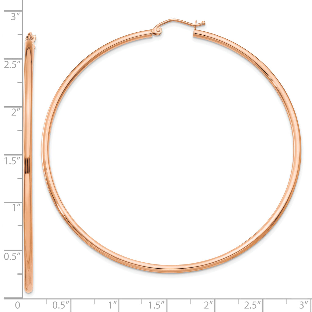 14k Rose Gold Polished 2x65mm Lightweight Tube Hoop Earrings