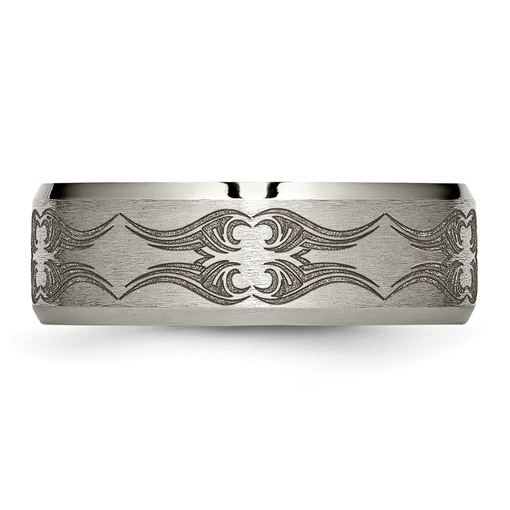 Titanium Brushed & Polished Laser Design 8mm Beveled Edge Band