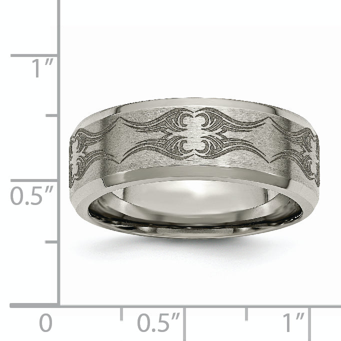 Titanium Brushed & Polished Laser Design 8mm Beveled Edge Band