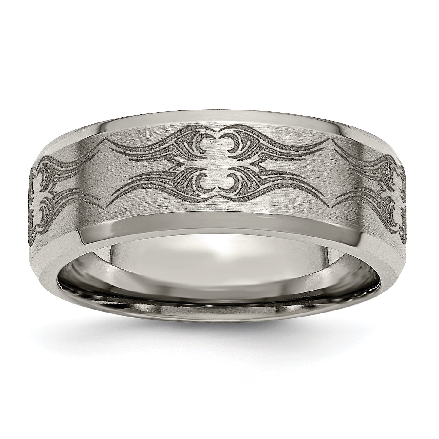 Titanium Brushed & Polished Laser Design 8mm Beveled Edge Band Main image