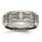 Titanium Brushed & Polished Laser Design 8mm Beveled Edge Band