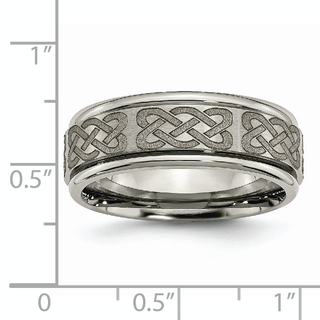 Chisel Titanium Brushed and Polished Celtic Laser Design 8mm Ridged Edge Band
