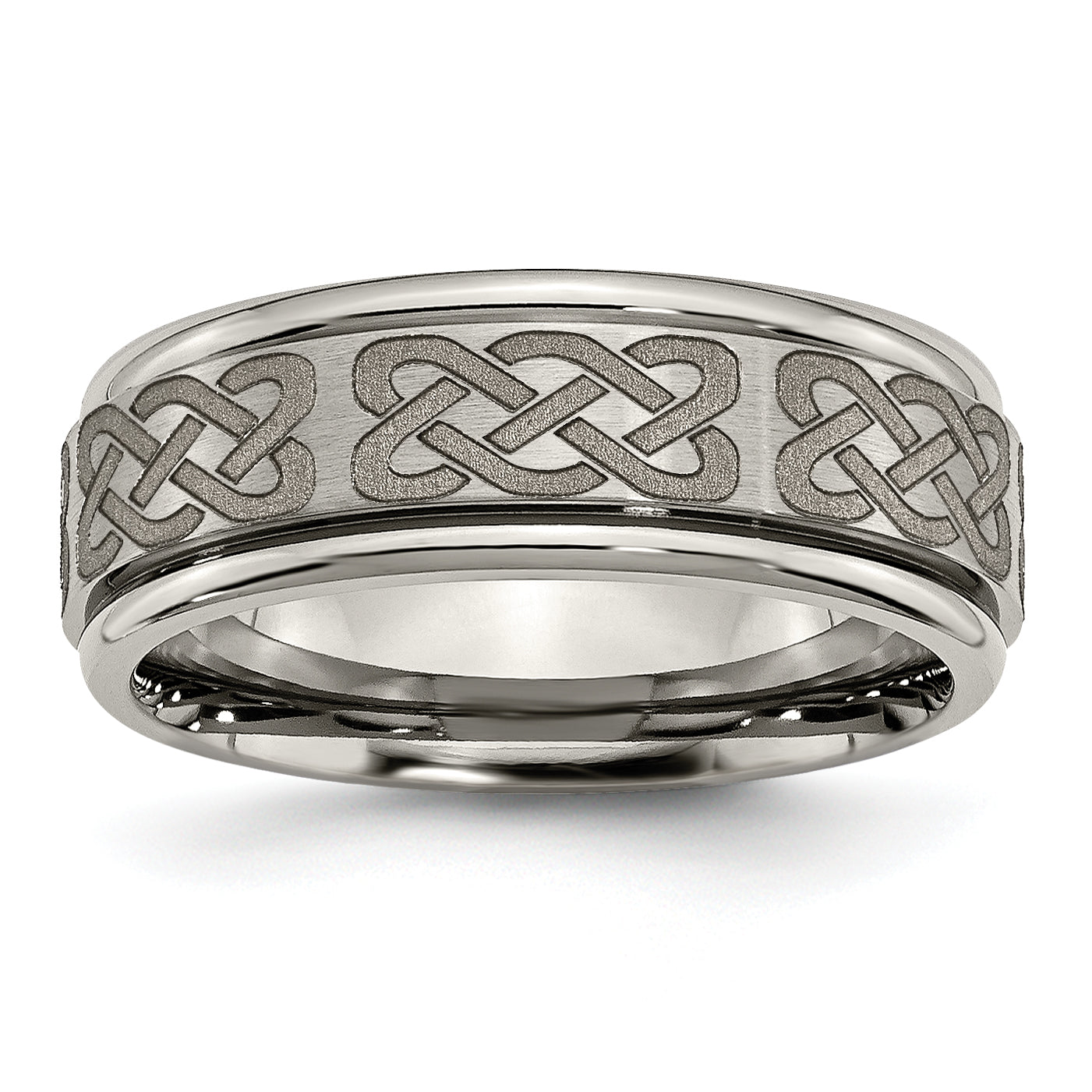 Chisel Titanium Brushed and Polished Celtic Laser Design 8mm Ridged Edge Band Main image