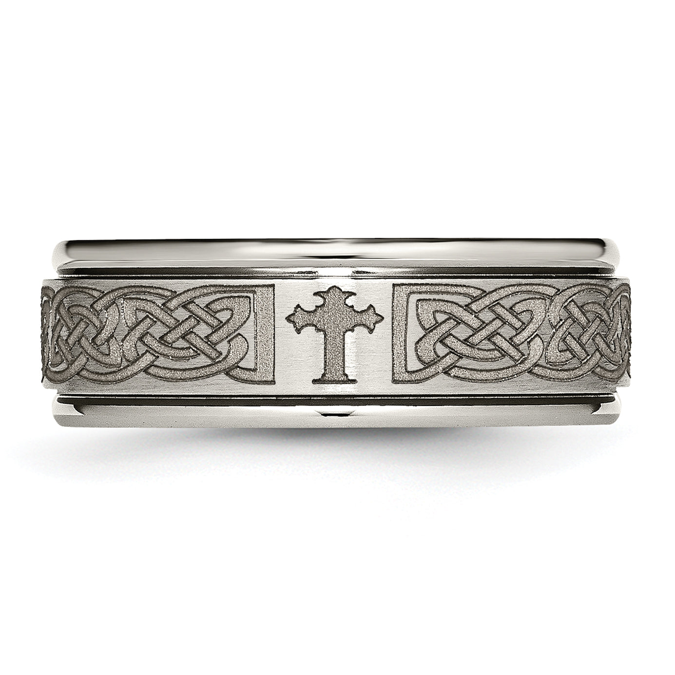 Chisel Titanium Brushed and Polished Cross Laser Design 8mm Ridged Edge Band Secondary image
