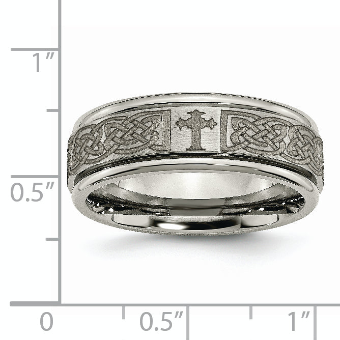 Chisel Titanium Brushed and Polished Cross Laser Design 8mm Ridged Edge Band