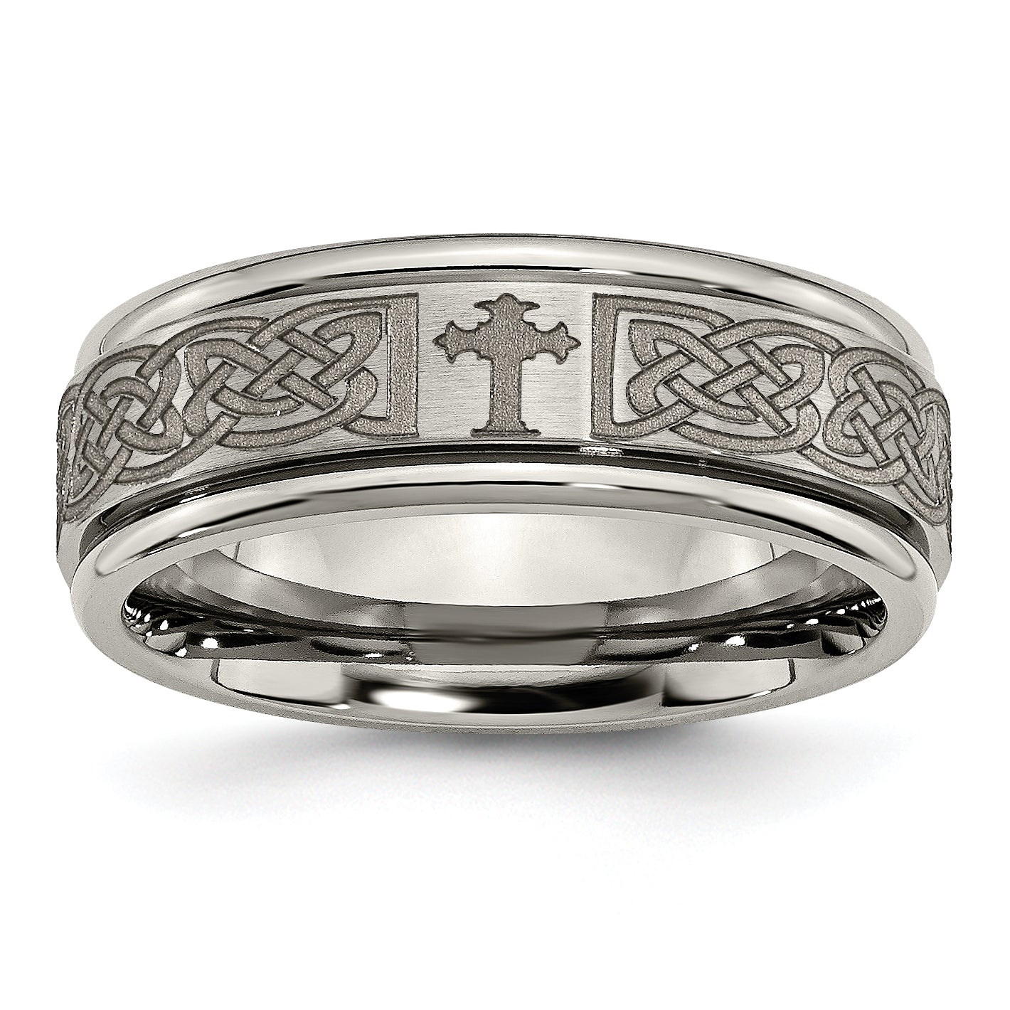 Chisel Titanium Brushed and Polished Cross Laser Design 8mm Ridged Edge Band Main image