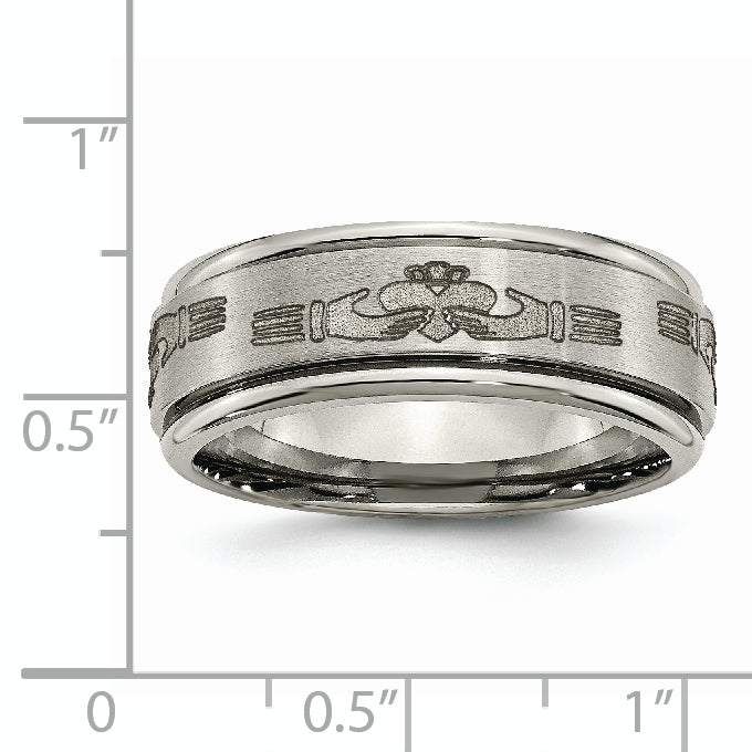 Chisel Titanium Brushed and Polished Claddagh Laser Design 8mm Ridged Edge Band