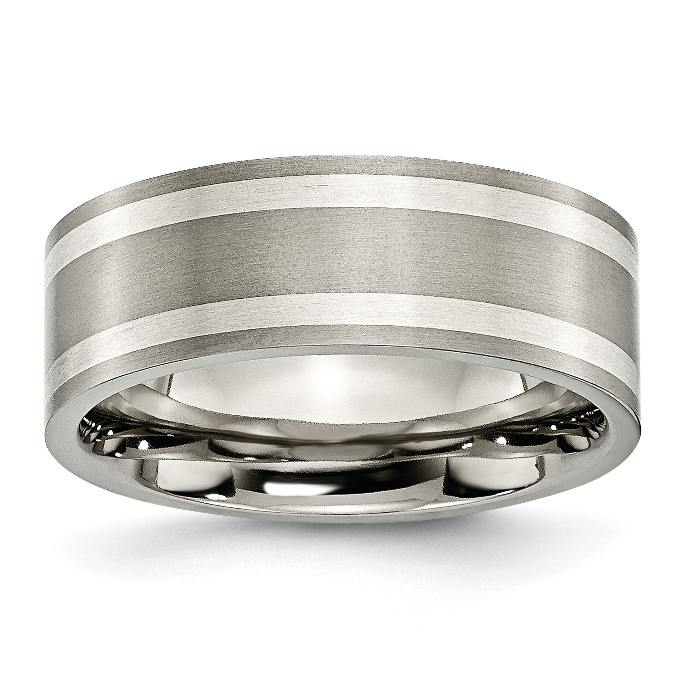 Chisel Titanium Brushed and Polished with Double Sterling Silver Inlay 8mm Flat Band Main image