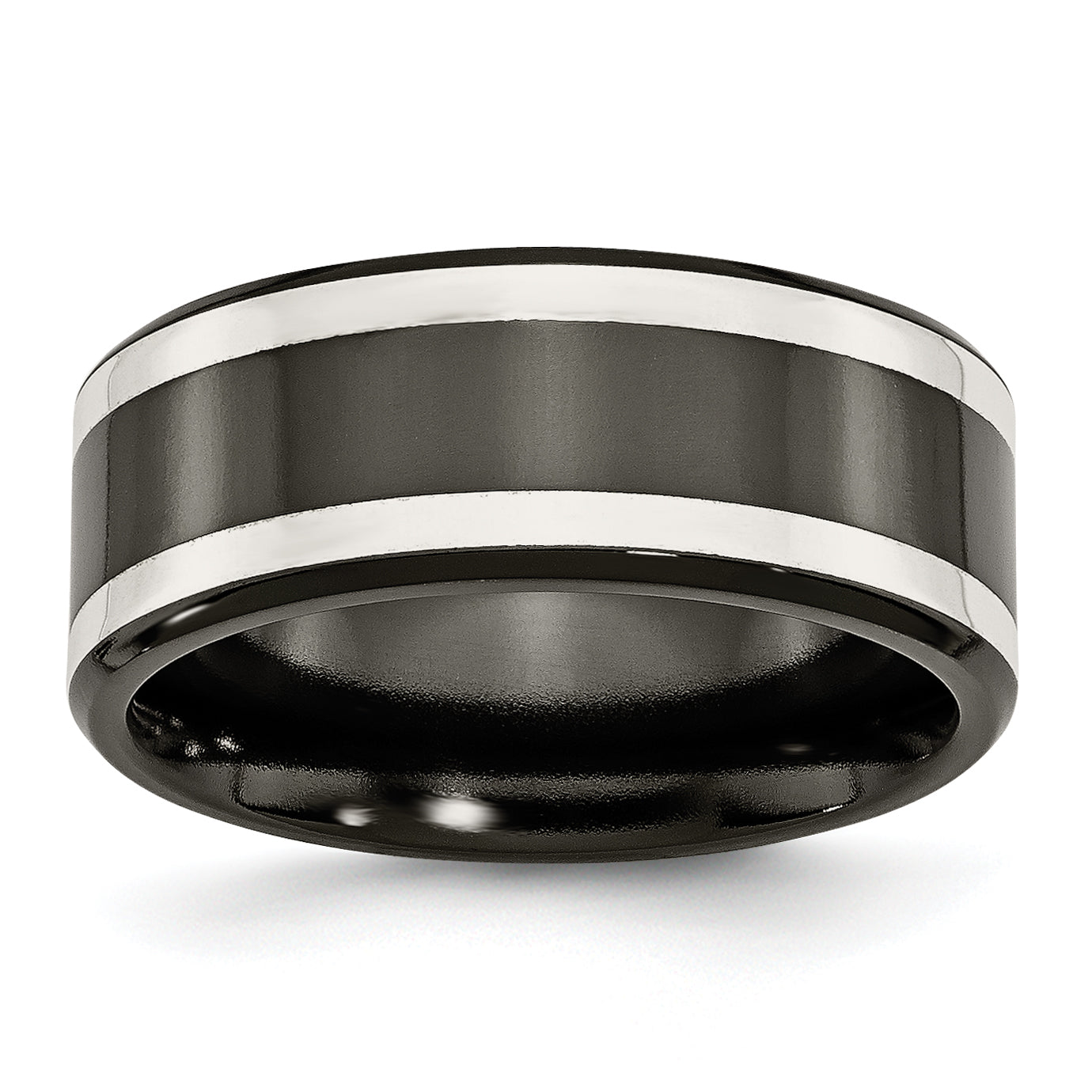 Titanium Black Ti with Sterling Silver Inlay Polished 9mm Flat Band Main image