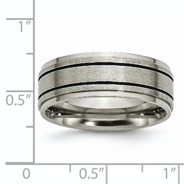 Chisel Titanium Satin Center Black Enamel 8mm Ridged Edge Band