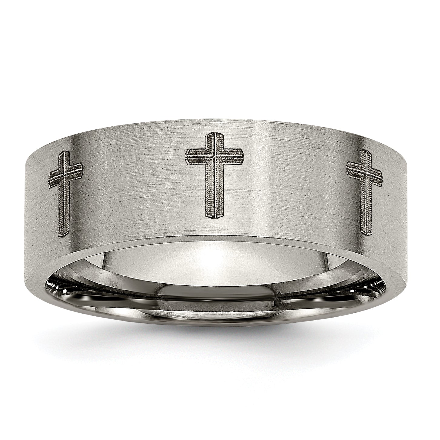 Chisel Titanium Brushed Cross Laser Design 8mm Flat Band Main image