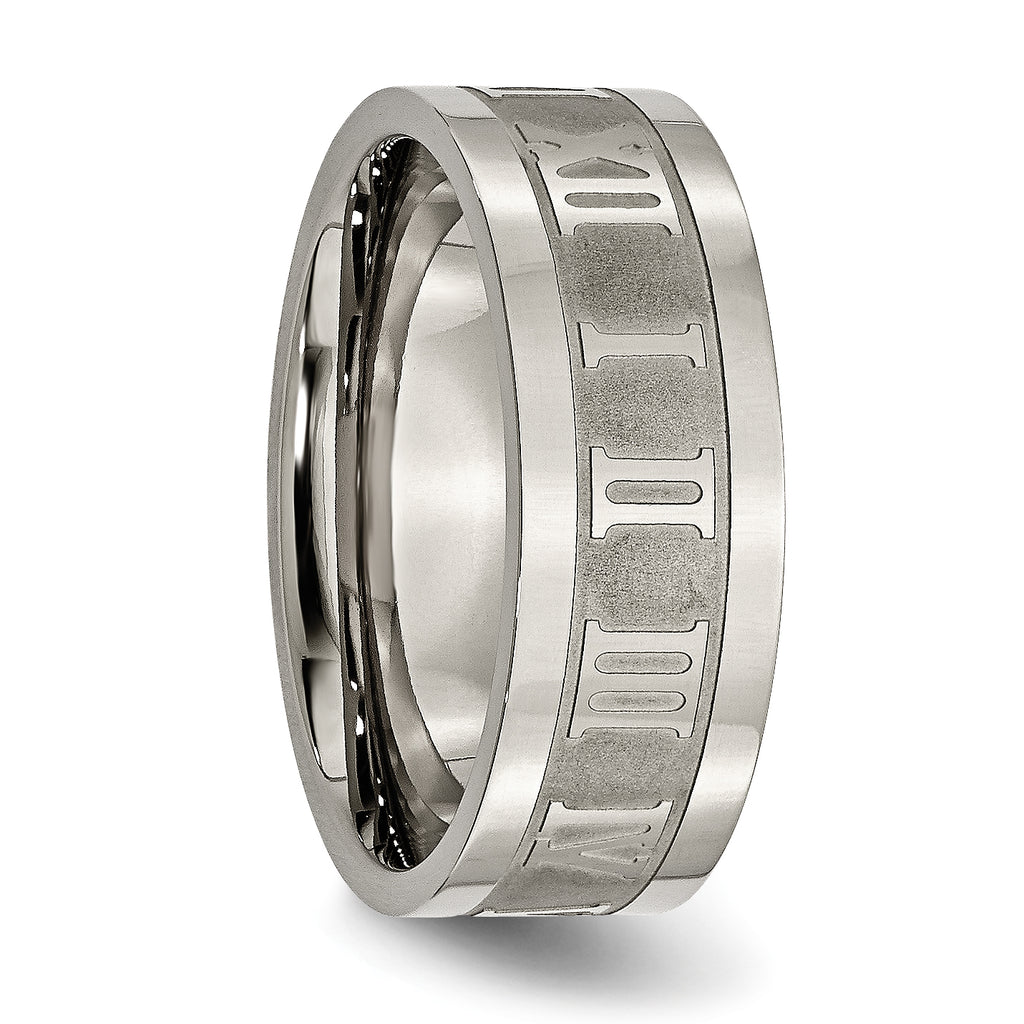 Chisel Titanium Satin Center 8mm Roman Numerals Flat Band