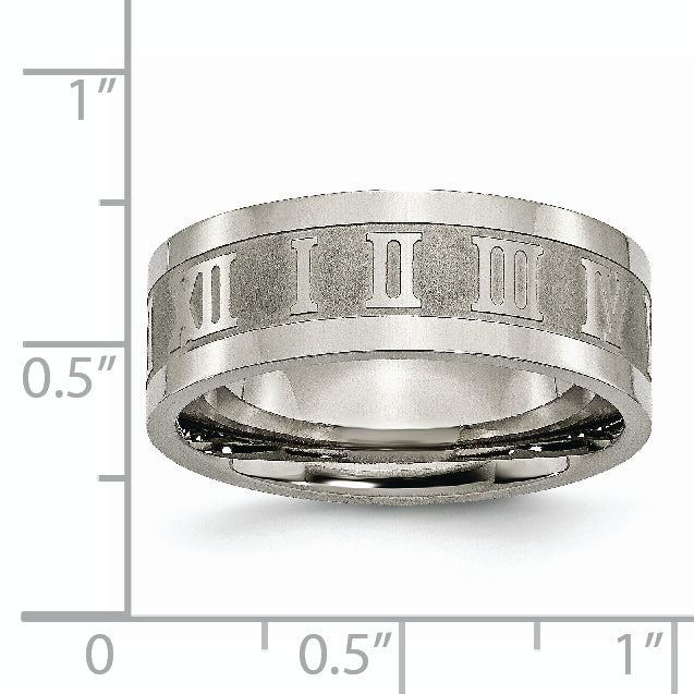 Chisel Titanium Satin Center 8mm Roman Numerals Flat Band