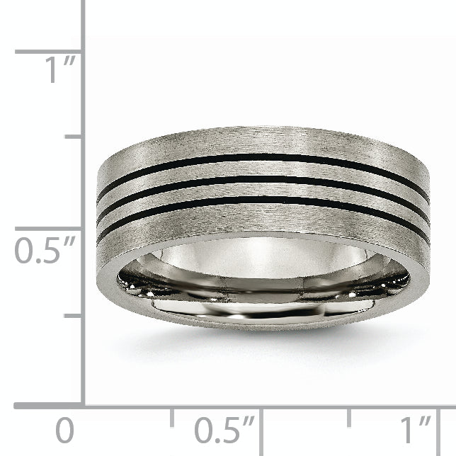 Chisel Titanium Satin and Polished Black Enamel Striped 8mm Flat Band