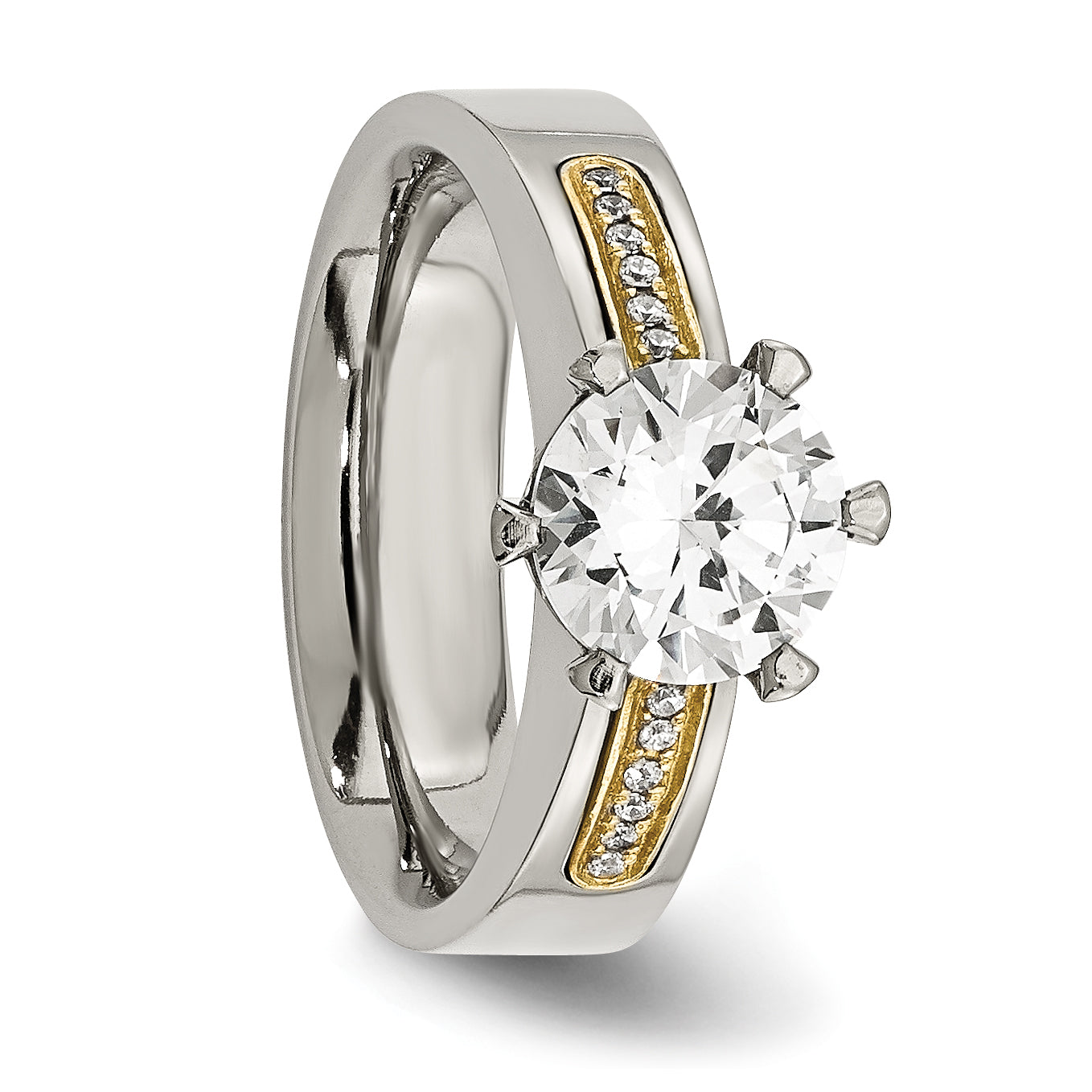 Chisel Titanium Polished with 14k Gold Inlay Accent CZ Ring