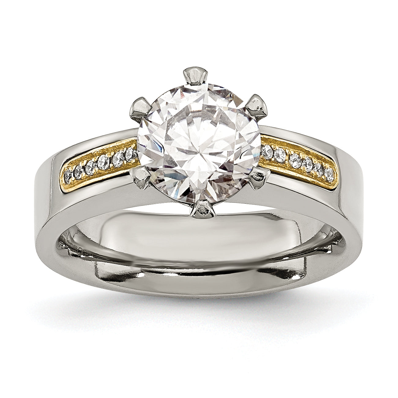 Chisel Titanium Polished with 14k Gold Inlay Accent CZ Ring