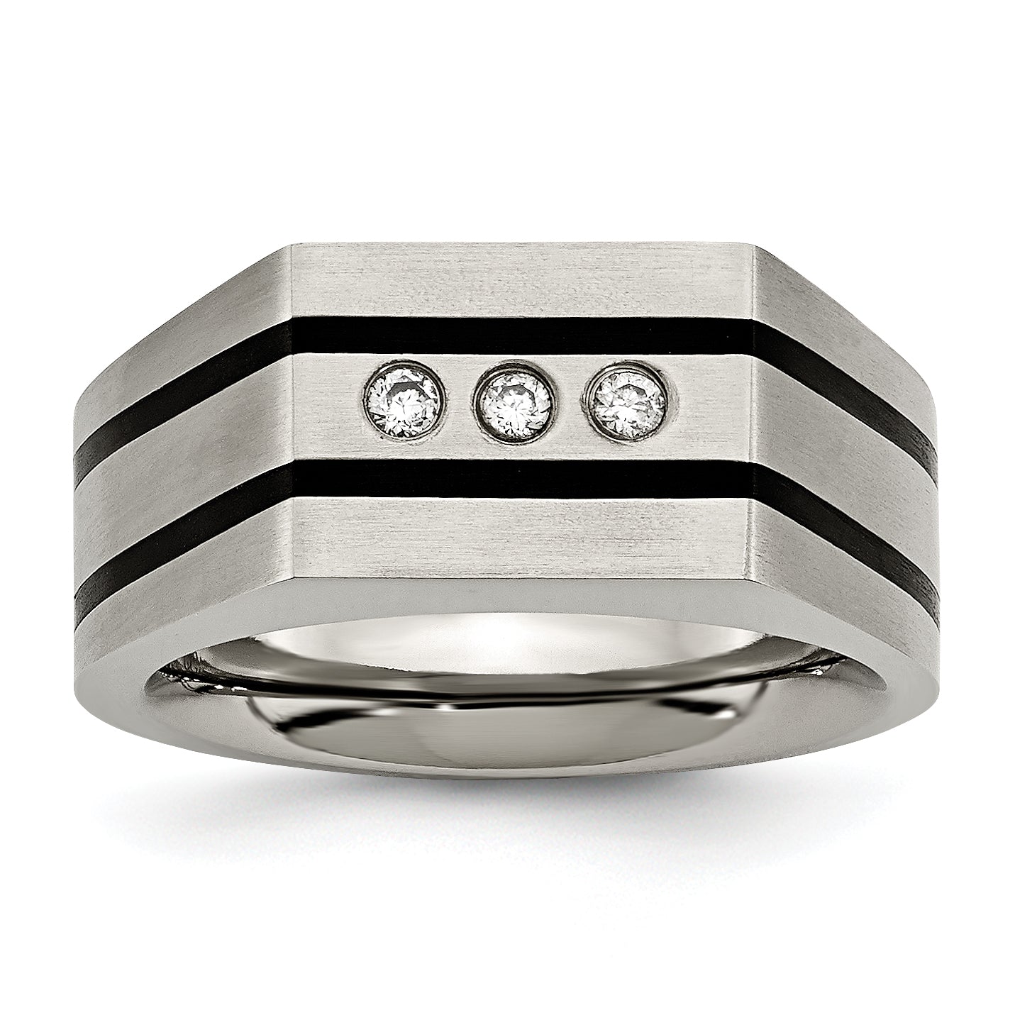 Chisel Titanium Brushed and Polished Black IP-plated CZ Signet Ring Main image
