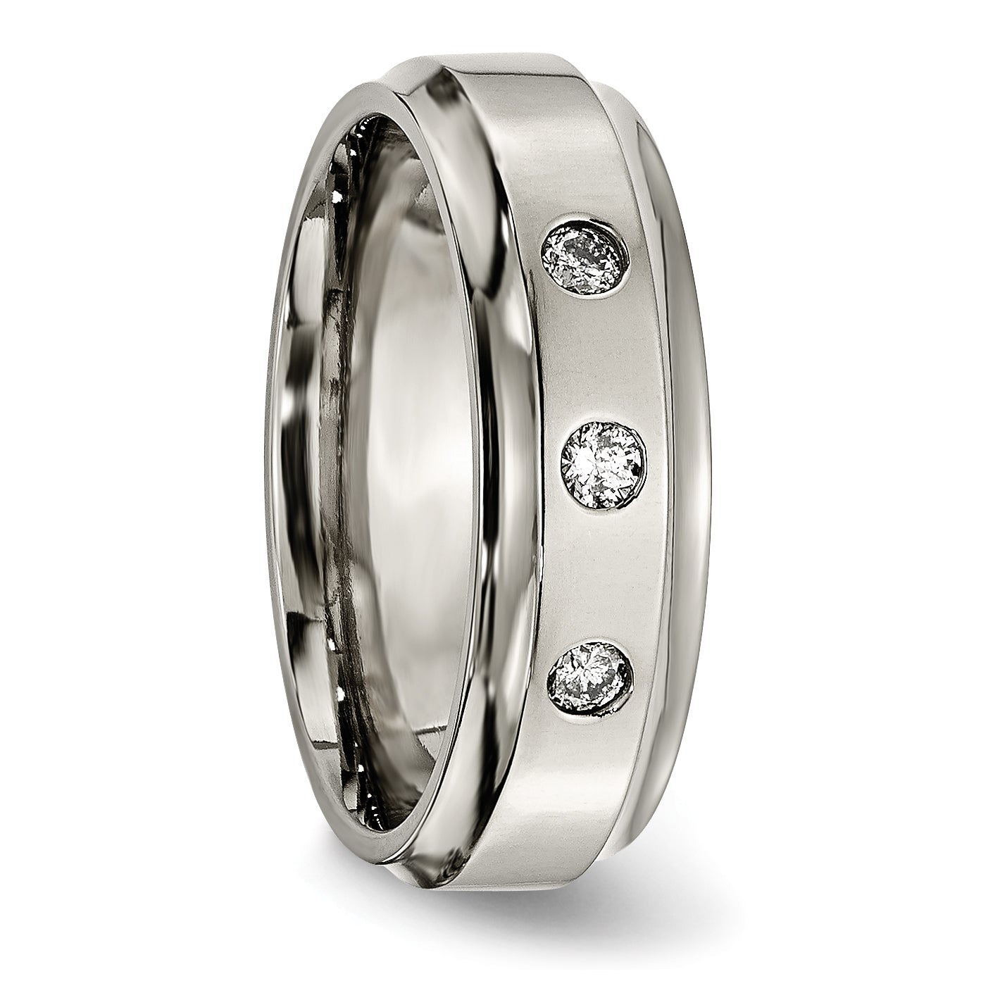Chisel Titanium Polished 1/5 Carat Diamond Ridged Edge 7mm Band