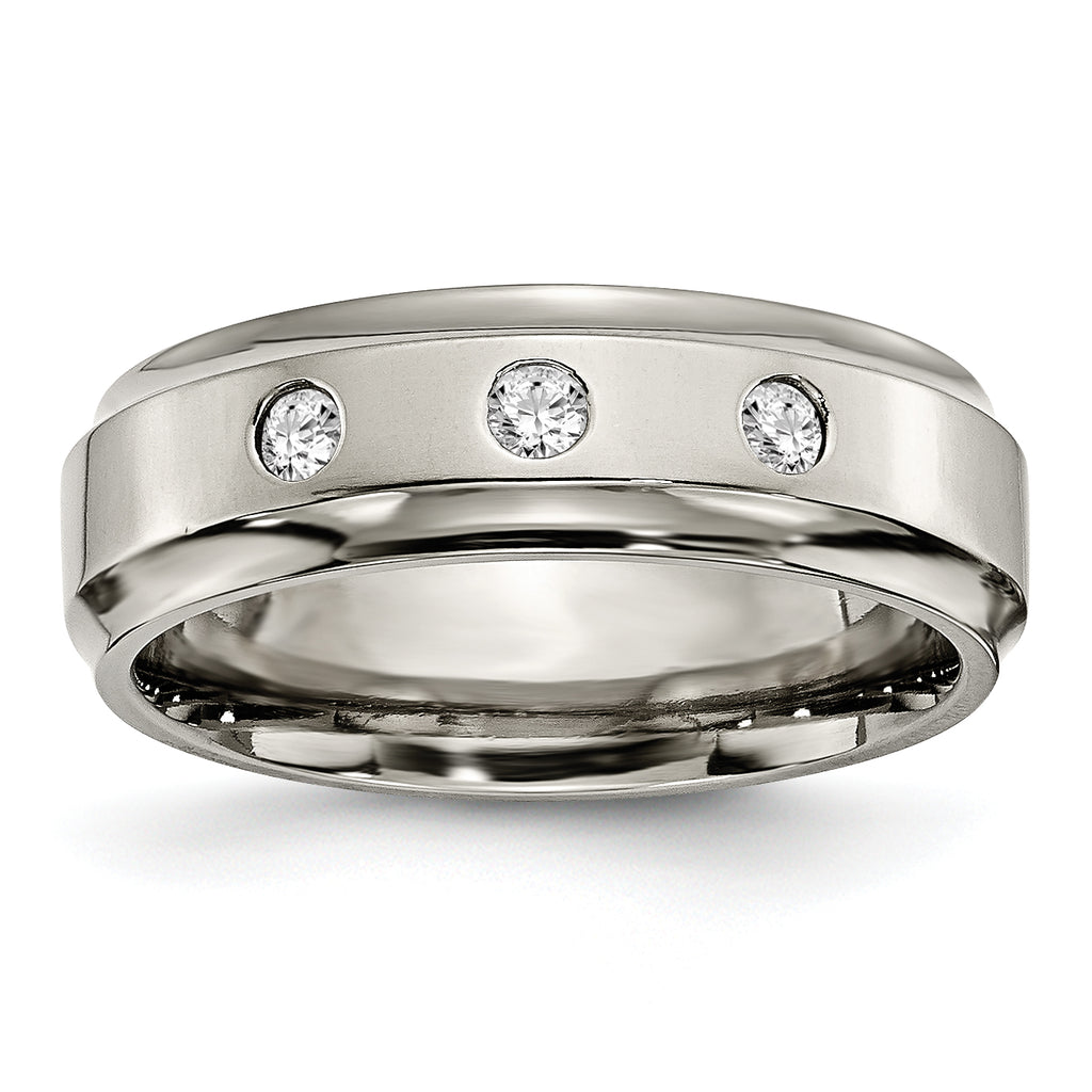 Chisel Titanium Polished 1/5 Carat Diamond Ridged Edge 7mm Band