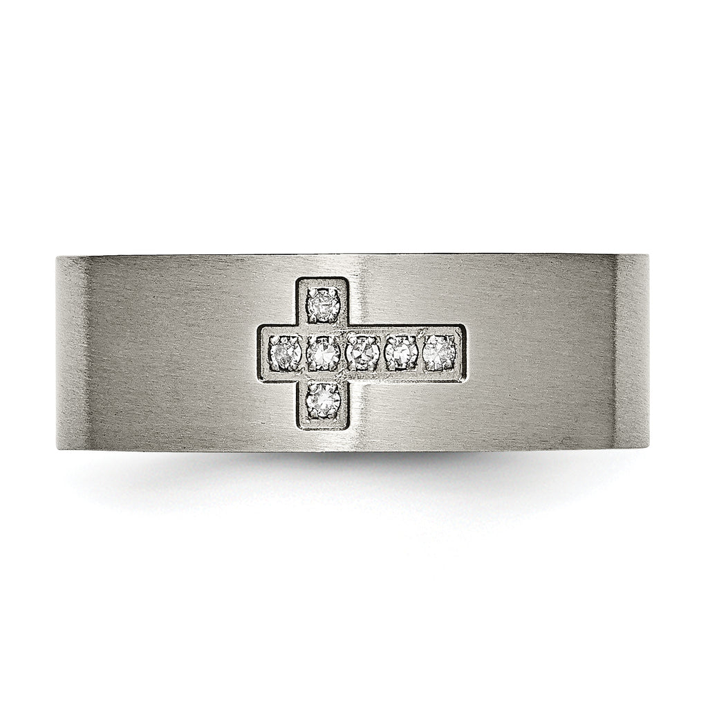 Chisel Titanium Brushed 1/15 Carat Diamond Cross 8mm Flat Band