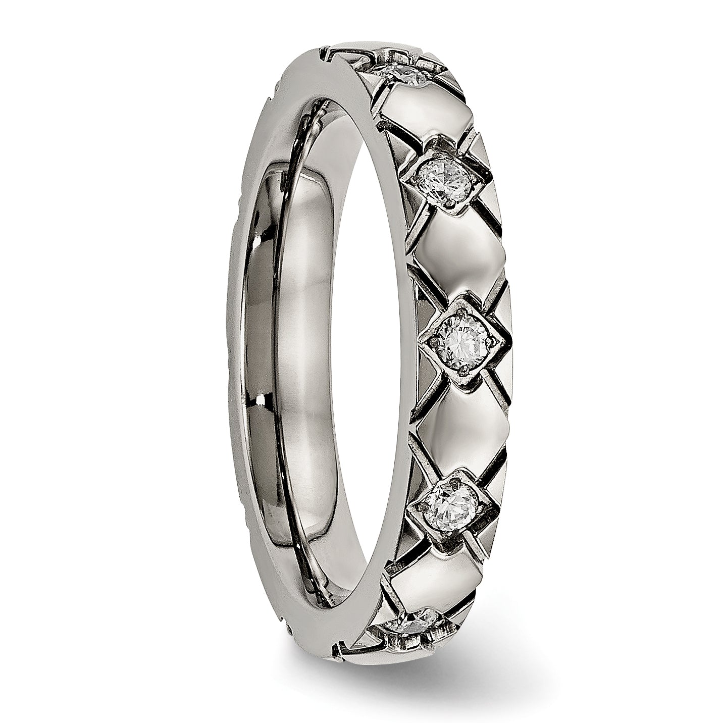 Titanium Polished with CZ CriSterling Silver Cross 4mm Grooved Band