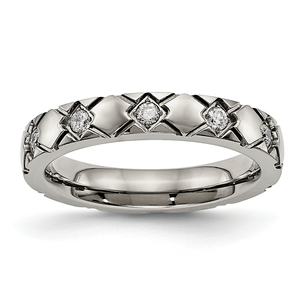 Titanium Polished with CZ CriSterling Silver Cross 4mm Grooved Band