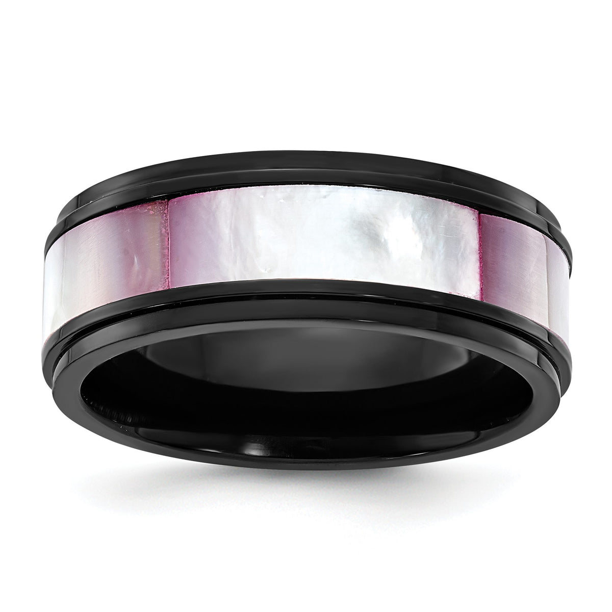Chisel Mother of Pearl Inlay Wedding Band in Black IP-Plated Titanium, 8mm, Size 8–13 - Sophia Jewelers Main image